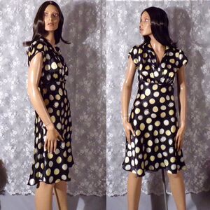 Vintage 90s Dress 1990s Y2K Black Yellow Polka Dot Midi Retro Swing Size Small